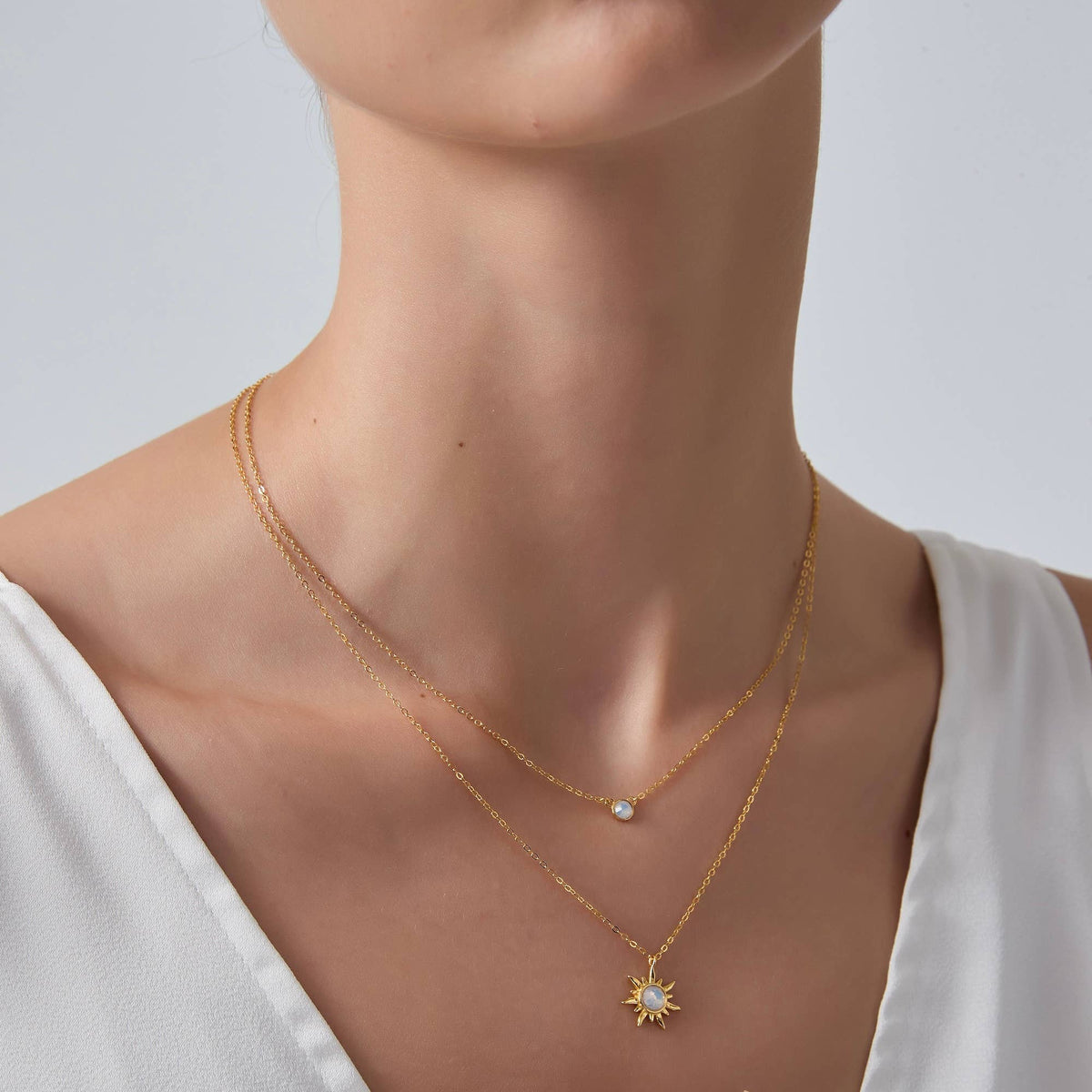 Opal Sun Moon Double Chain Necklace in 925 Sterling Silver