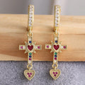 Women's 18k Gold Plated Rhinestone Cross Heart Dangle Earrings