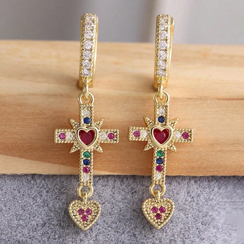 Women's 18k Gold Plated Rhinestone Cross Heart Dangle Earrings
