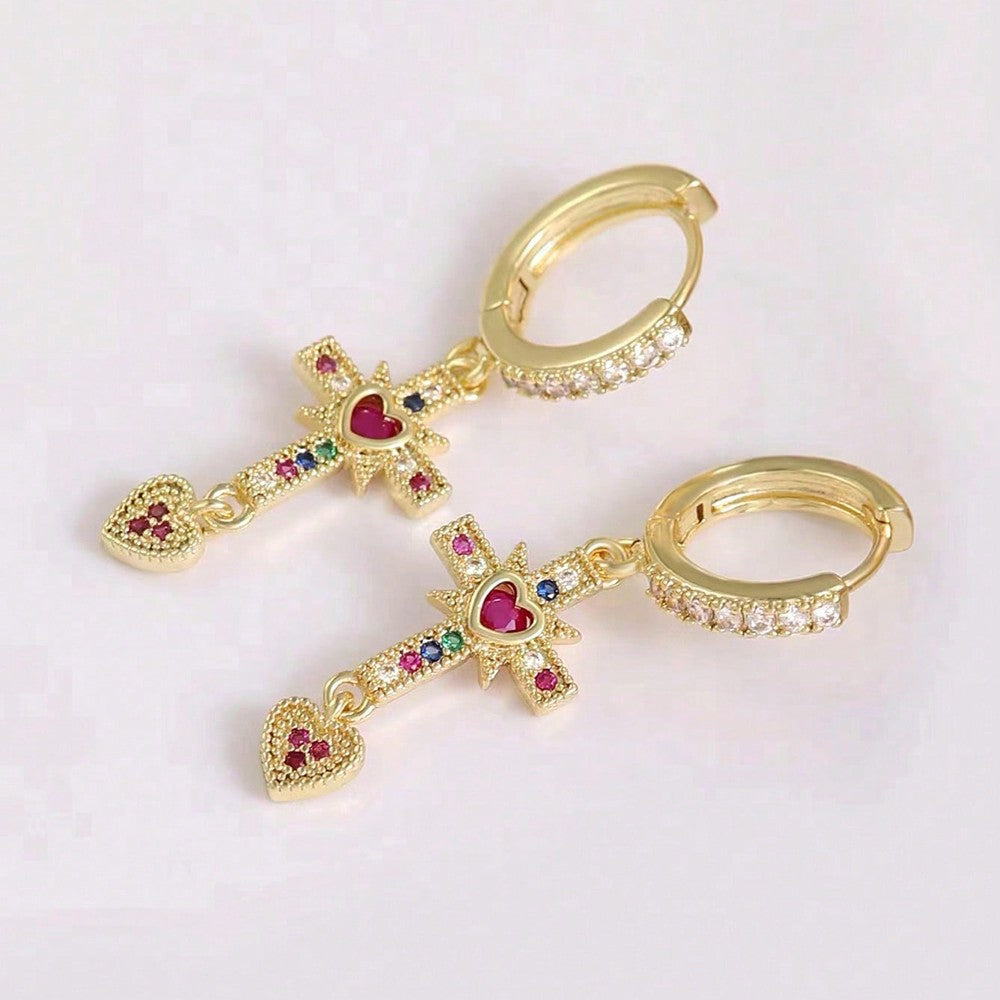 Women's 18k Gold Plated Rhinestone Cross Heart Dangle Earrings