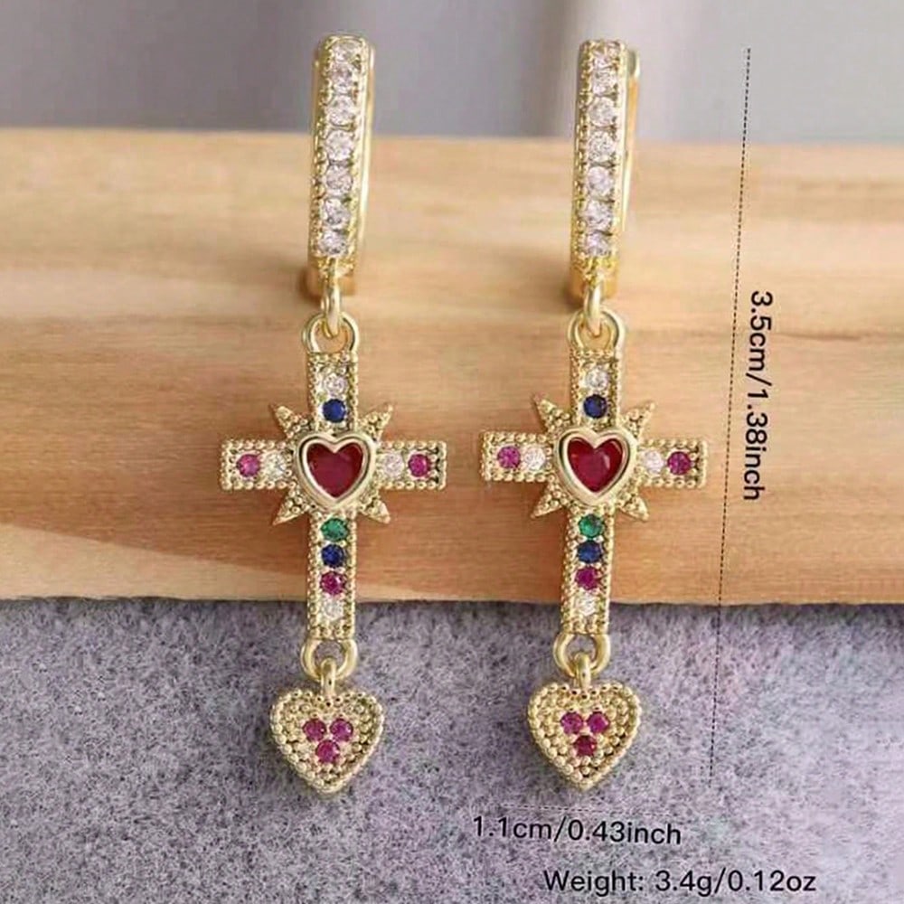 Women's 18k Gold Plated Rhinestone Cross Heart Dangle Earrings