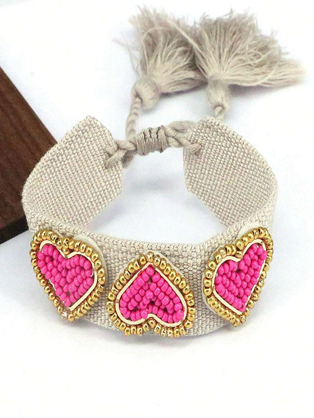 Women's Handmade Woven Rice Bead Heart Tassel Bracelet