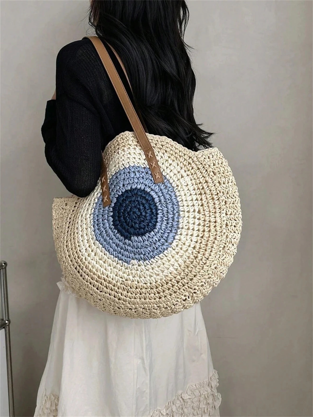 Women's Colorblock Straw Beach Bag