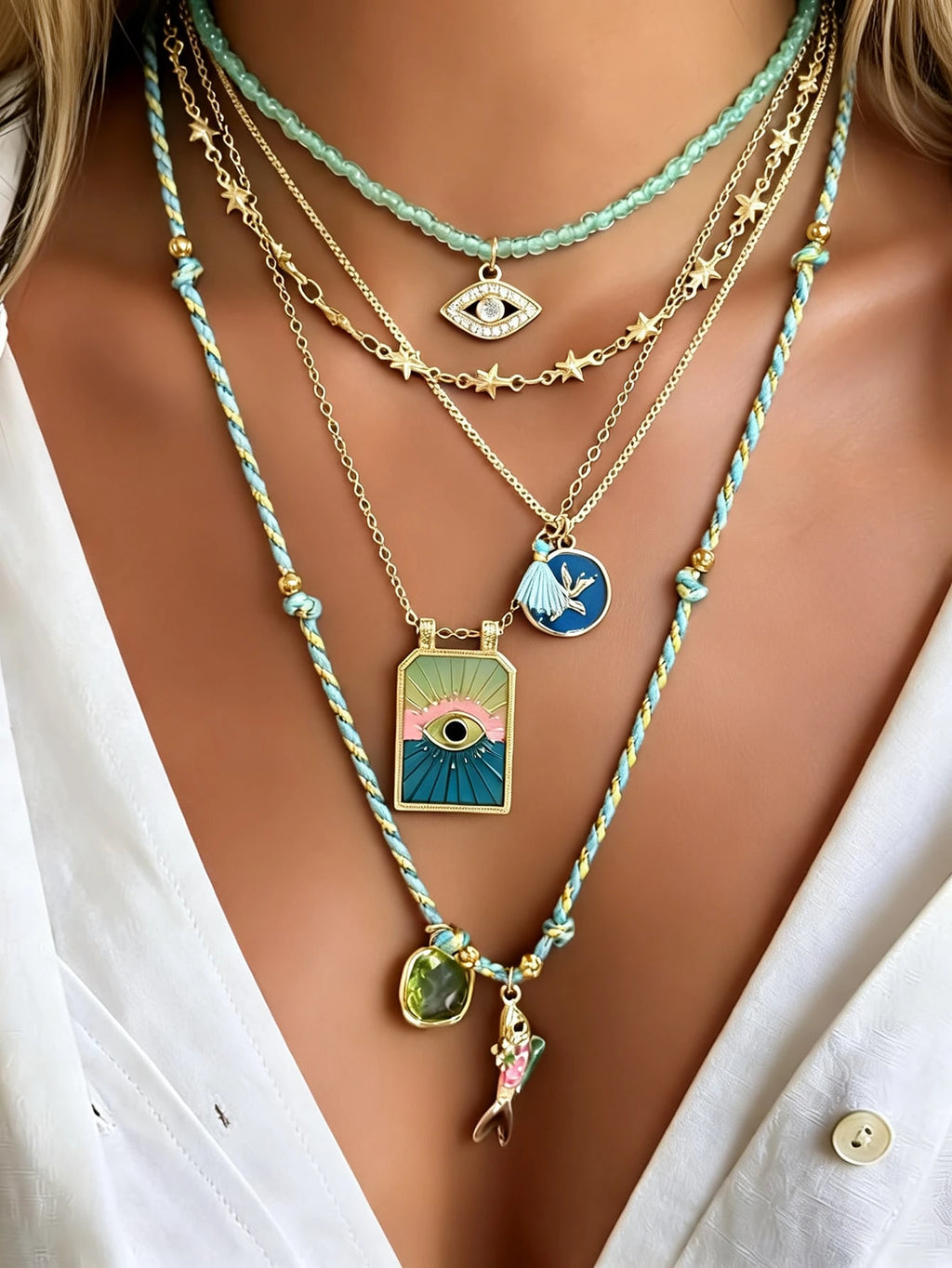 Women's 5pcs Bohemian Evil Eye Fish Star Multi-Layer Necklace Set