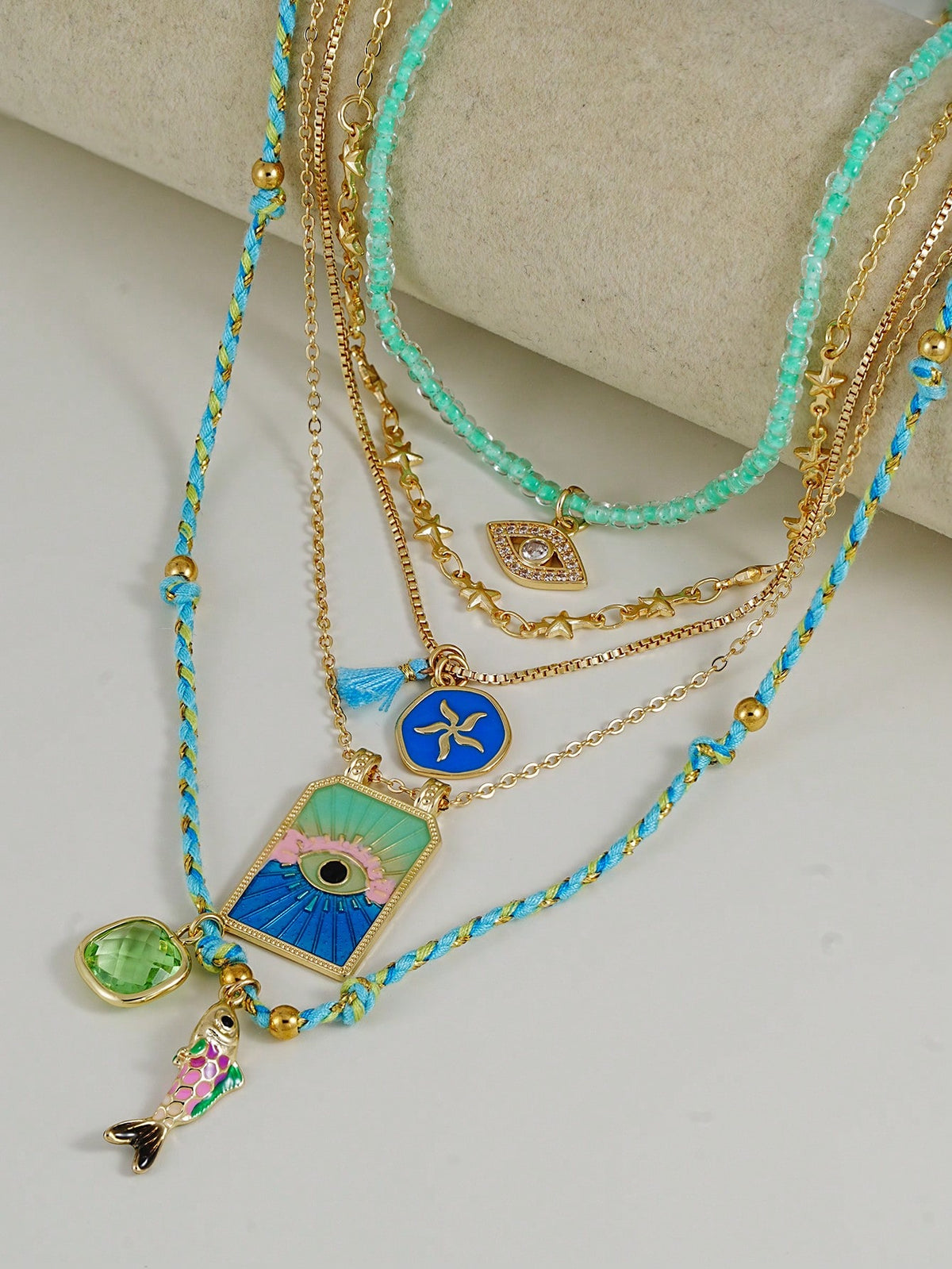 Women's 5pcs Bohemian Evil Eye Fish Star Multi-Layer Necklace Set