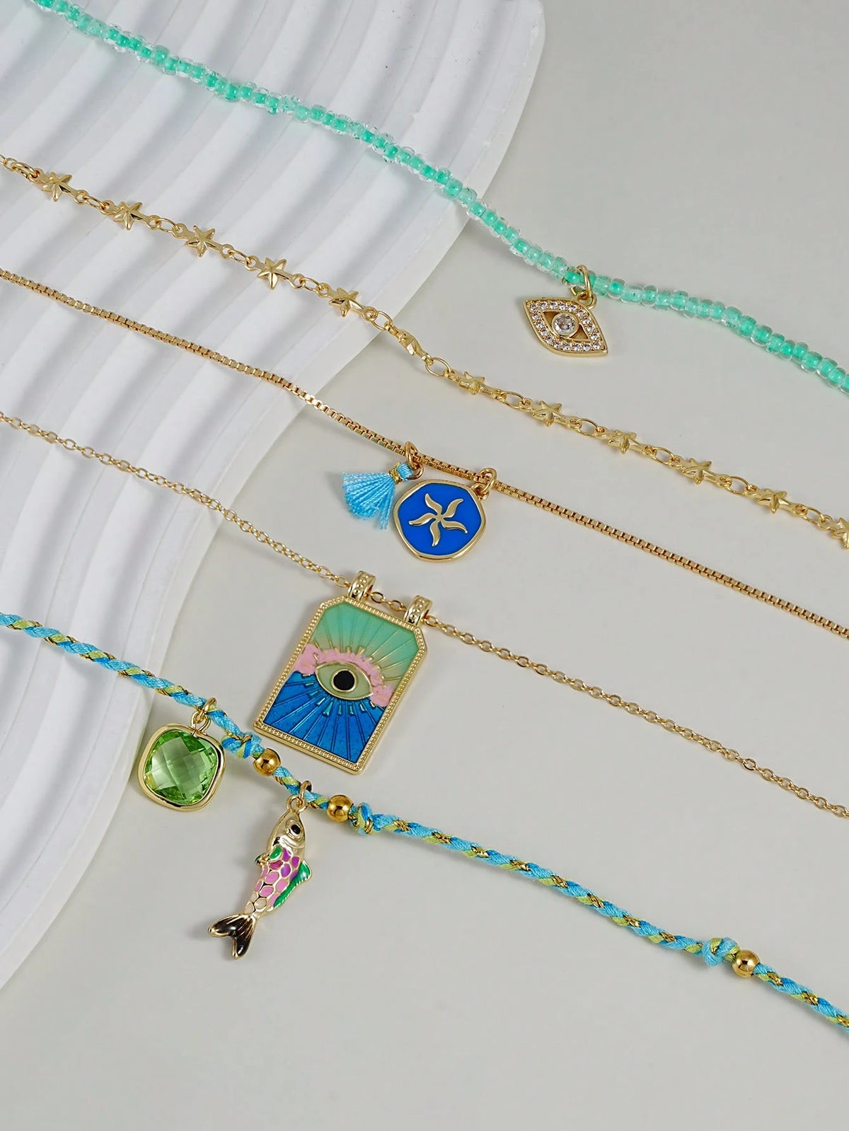 Women's 5pcs Bohemian Evil Eye Fish Star Multi-Layer Necklace Set