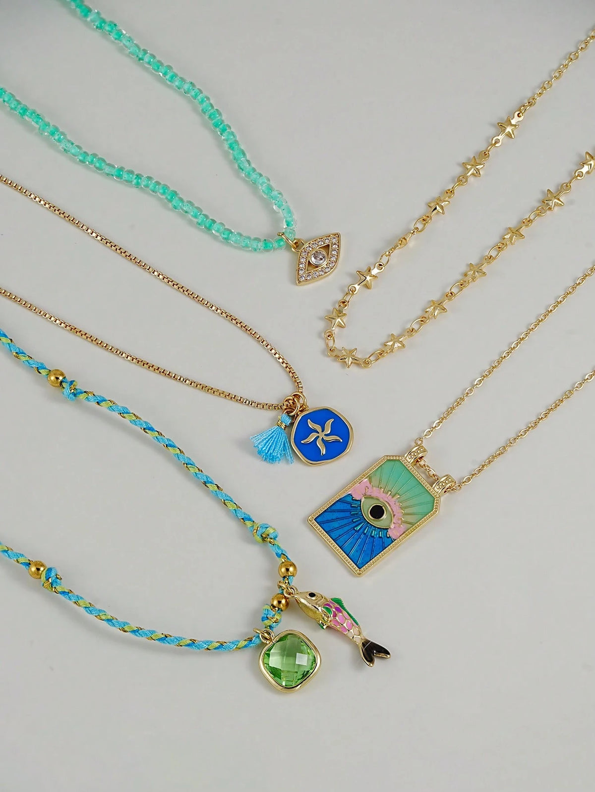 Women's 5pcs Bohemian Evil Eye Fish Star Multi-Layer Necklace Set