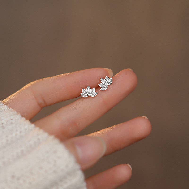 Tiny Small Lotus Flower Stud Earrings in 925 Sterling Silver