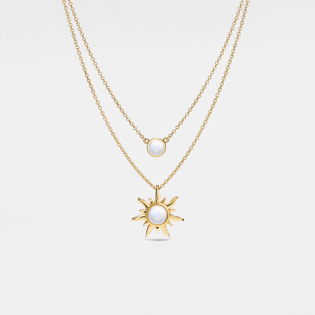 Opal Sun Moon Double Chain Necklace in 925 Sterling Silver