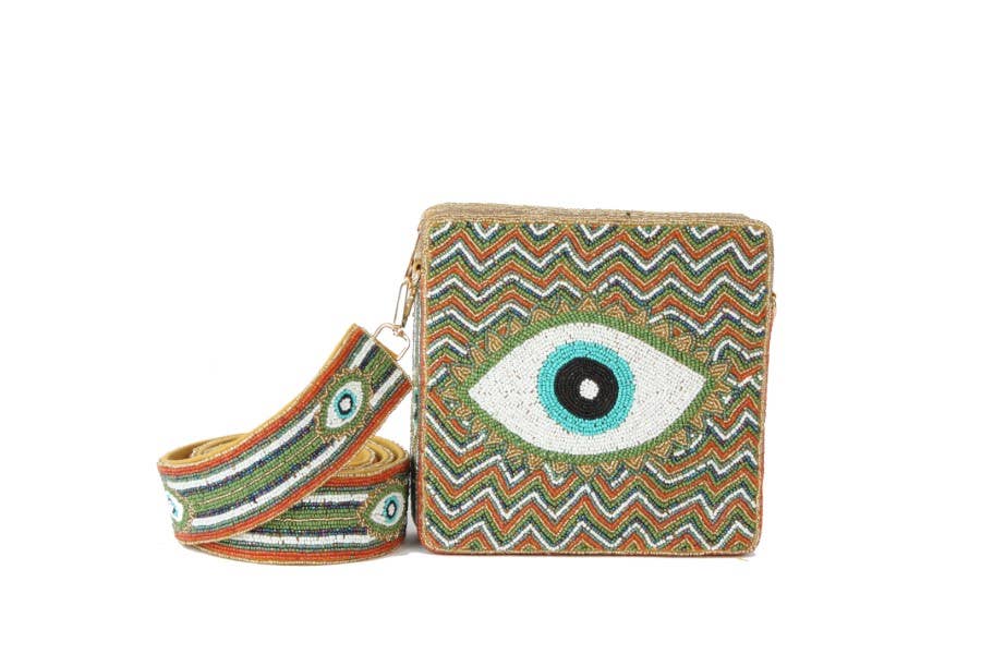 Fully Beaded Chevron EVIL EYE Themed Crossbody Handbag