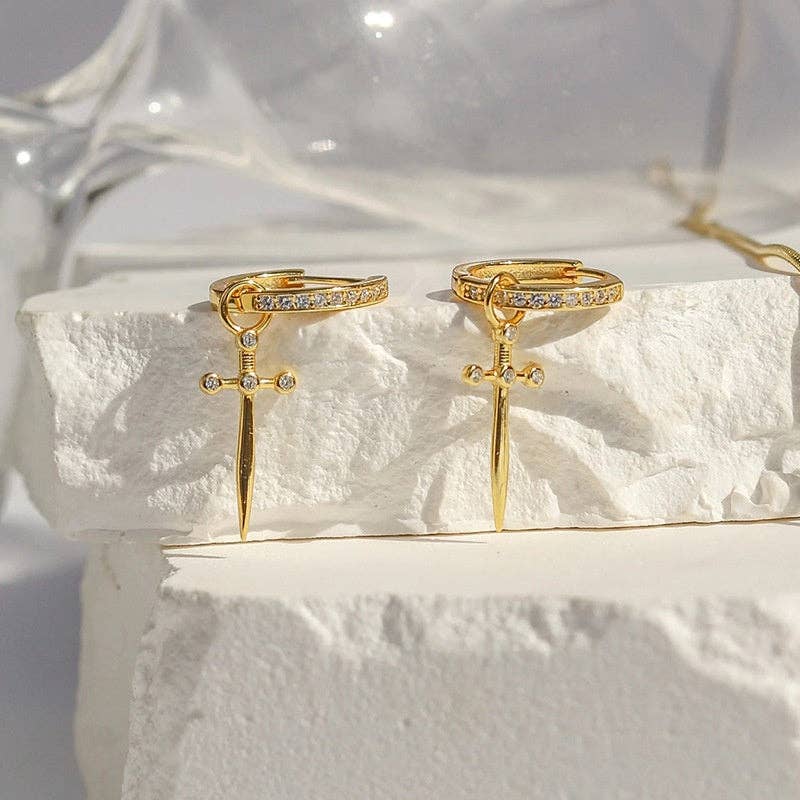 Dainty Dagger Sword Drop Hoop Earring in 925 Sterling Silver
