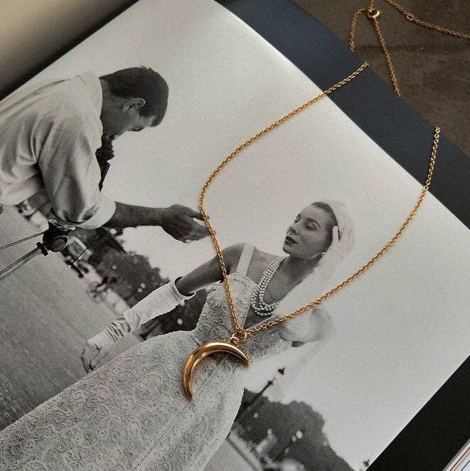 Gold Crescent Moon Pendant Necklace in 925 Sterling Silver