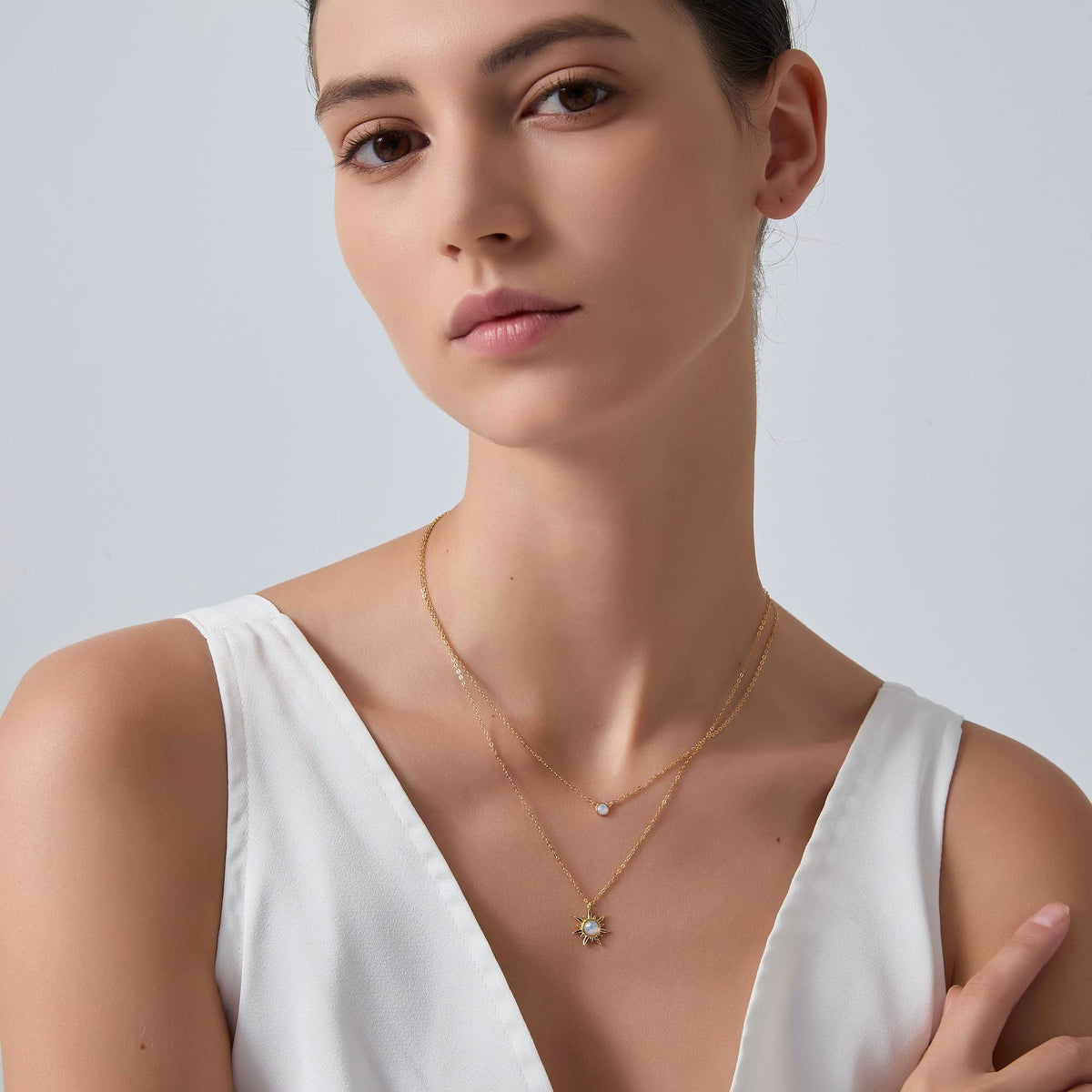 Opal Sun Moon Double Chain Necklace in 925 Sterling Silver