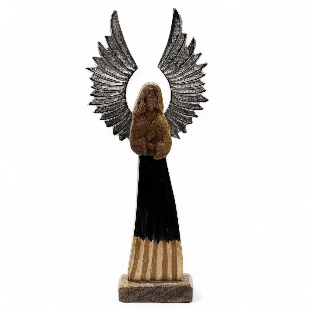Mango Wood Guardian Angel with Metal Wings - Large 40cm