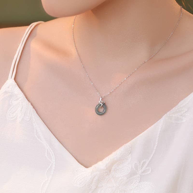 Snake Jade Circle Pendant Necklace in 925 Sterling Silver