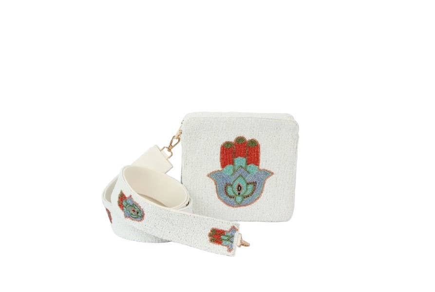 White Fully Beaded HAMSA Themed Cross body Handbag