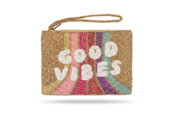 Ladies Fully Beaded GOOD VIBES Themed Wristlet Handbag