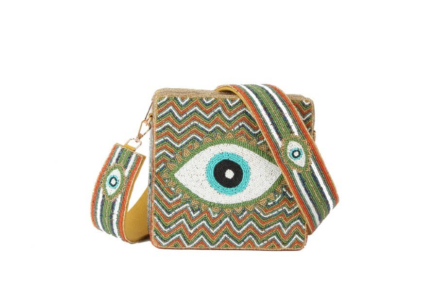 Fully Beaded Chevron EVIL EYE Themed Crossbody Handbag
