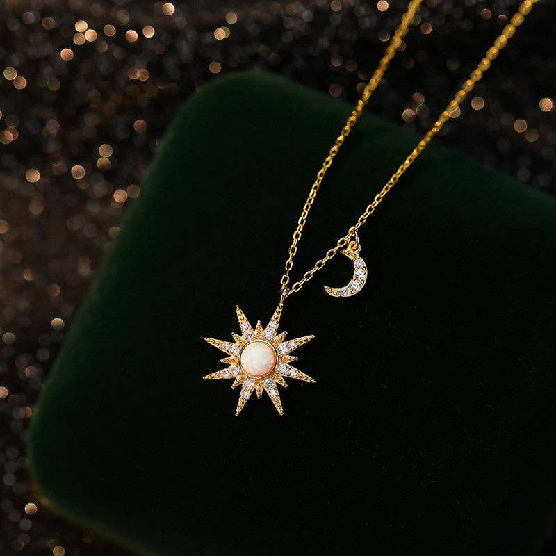 Opal Sun Moon Charm Pendant Necklace in 925 Sterling Silver