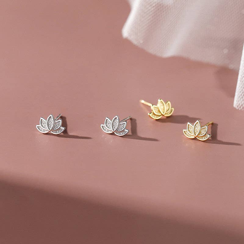 Tiny Small Lotus Flower Stud Earrings in 925 Sterling Silver