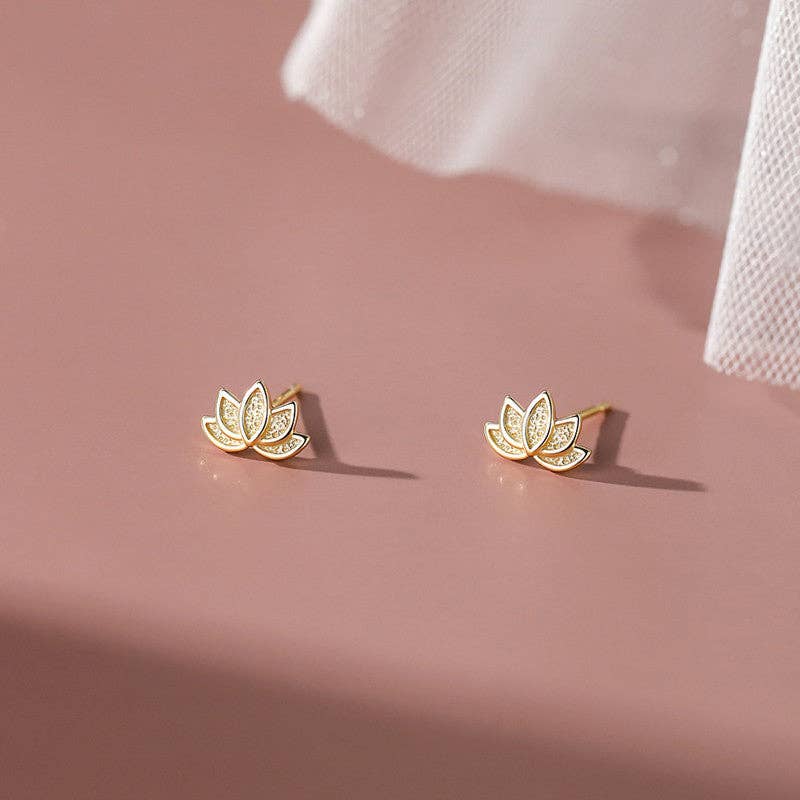 Tiny Small Lotus Flower Stud Earrings in 925 Sterling Silver