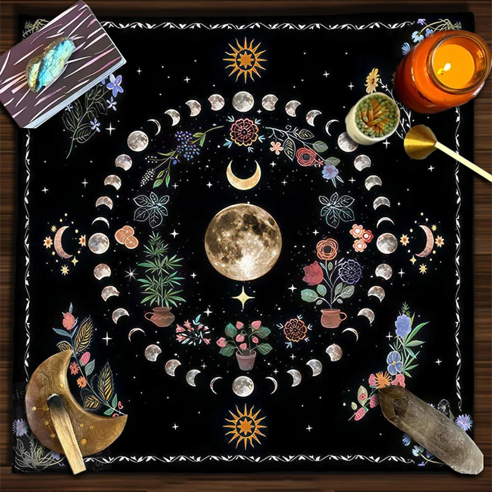 Moon Phase Floral Velvet Tarot Altar Cloth TLB1003