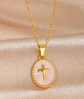 Pink Enamel Oval Cross Necklace - 18k Gold Plated over Stainless Steel