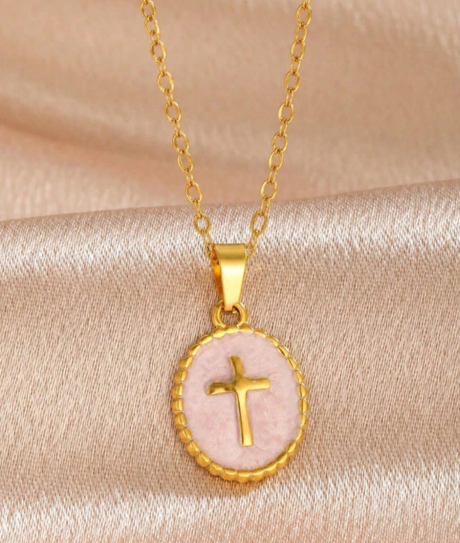 Pink Enamel Oval Cross Necklace - 18k Gold Plated over Stainless Steel