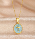 Blue Enamel Oval Cross Necklace - 18k Gold Plated over Stainless Steel