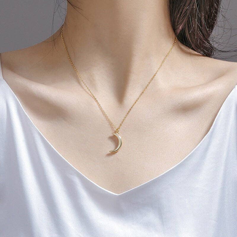 Gold Crescent Moon Pendant Necklace in 925 Sterling Silver