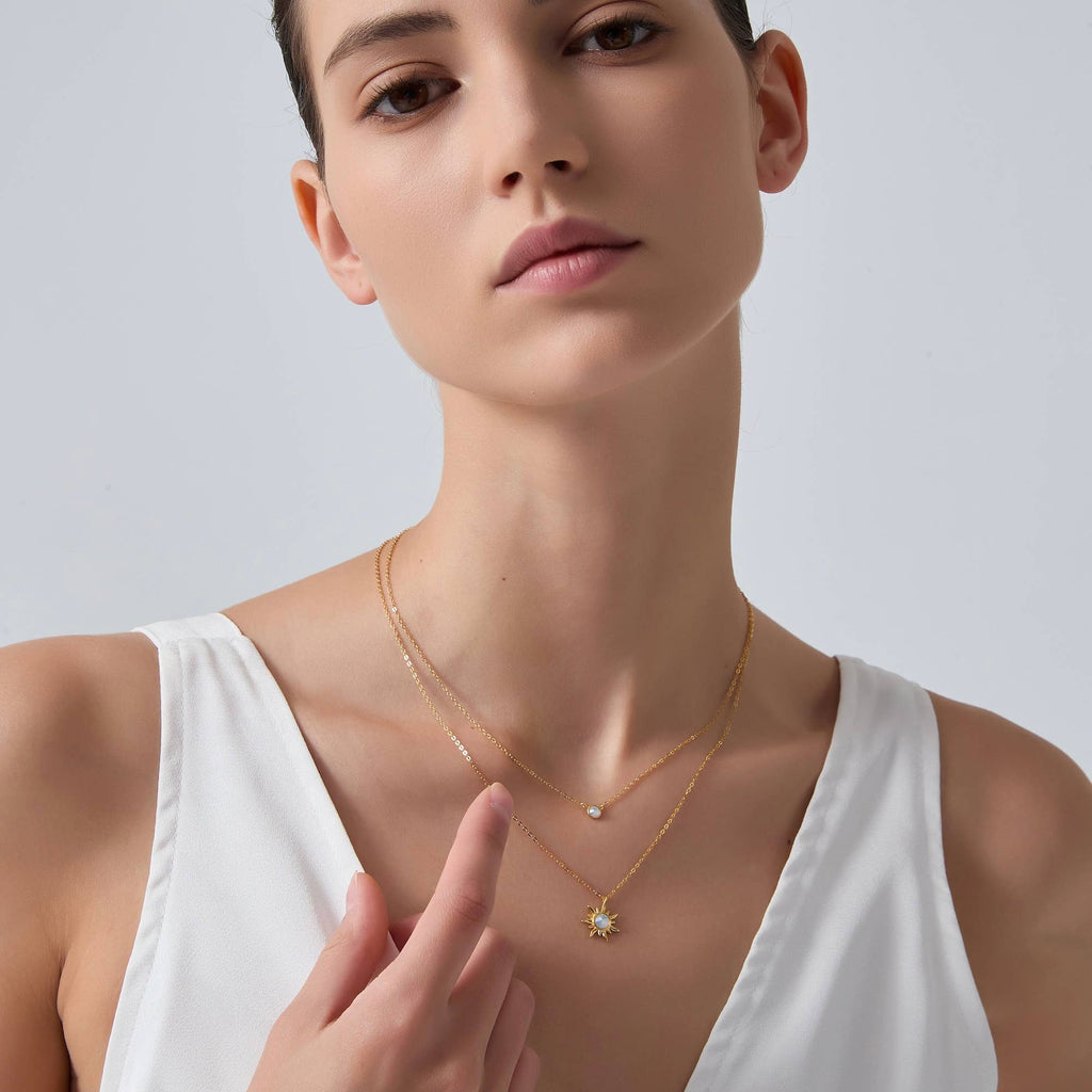 Opal Sun Moon Double Chain Necklace in 925 Sterling Silver