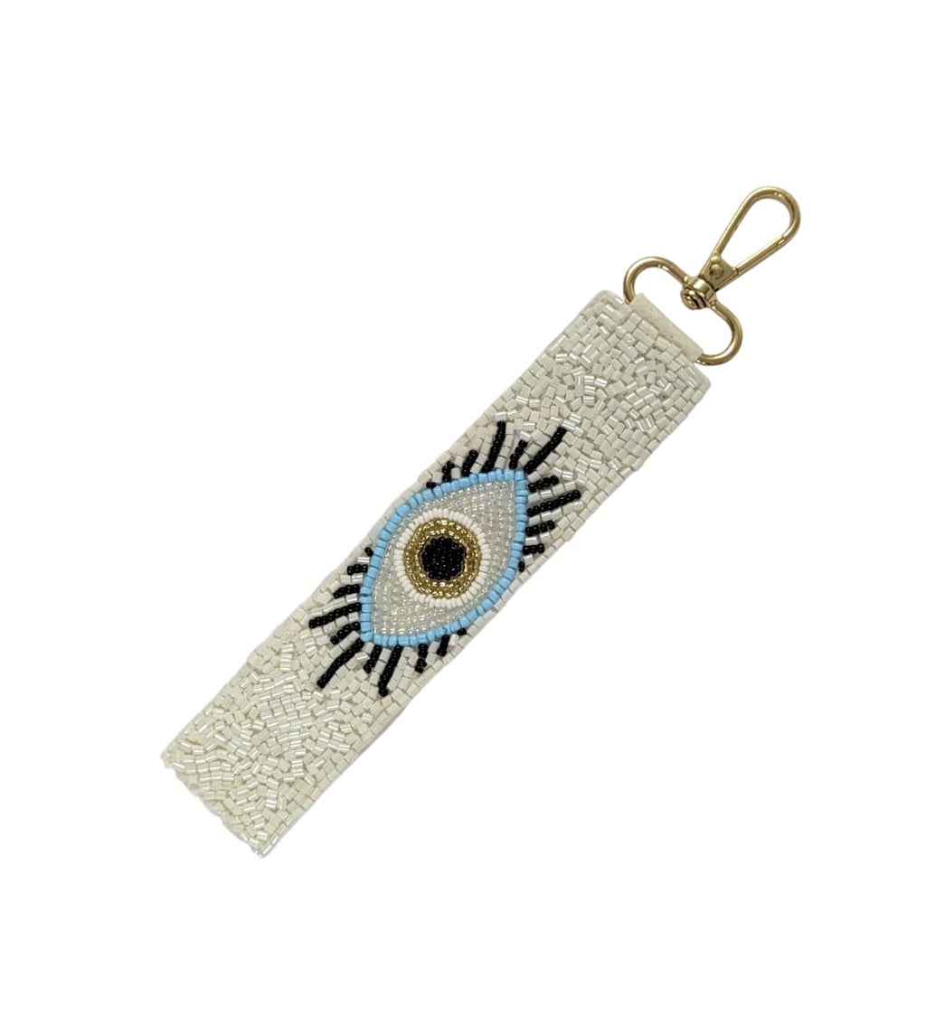 White Evil Eye Themed Beaded Wristlet Key Chain