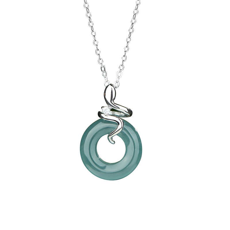 Snake Jade Circle Pendant Necklace in 925 Sterling Silver