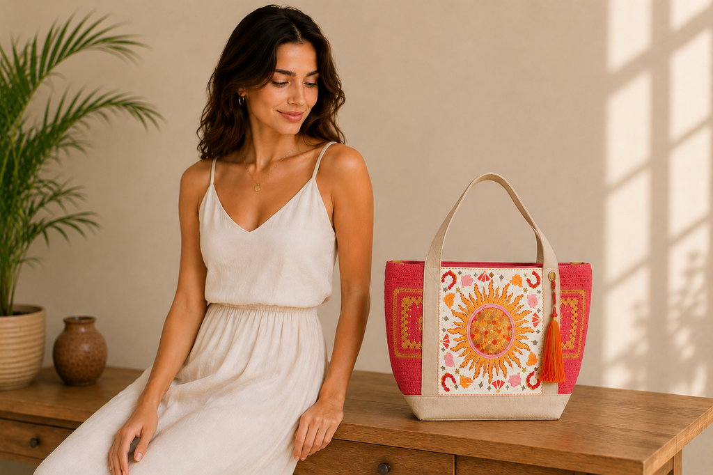 Ladies Crochet Natural Sun Themed Tote Handbag