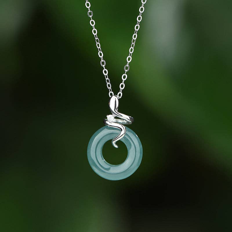 Snake Jade Circle Pendant Necklace in 925 Sterling Silver