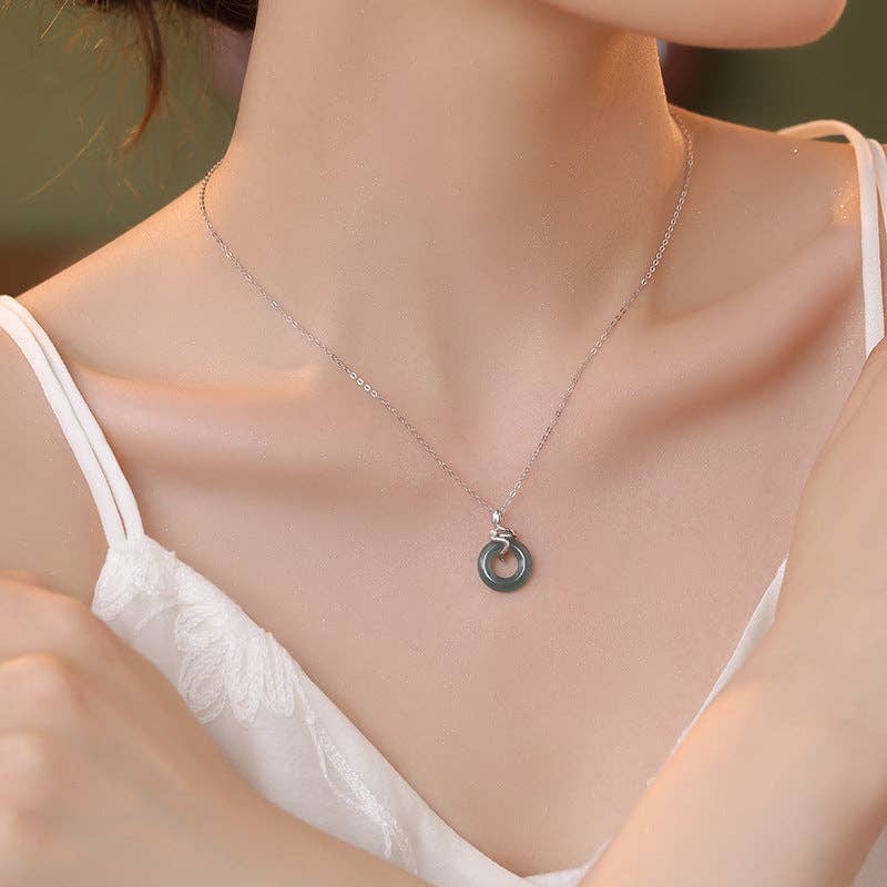 Snake Jade Circle Pendant Necklace in 925 Sterling Silver