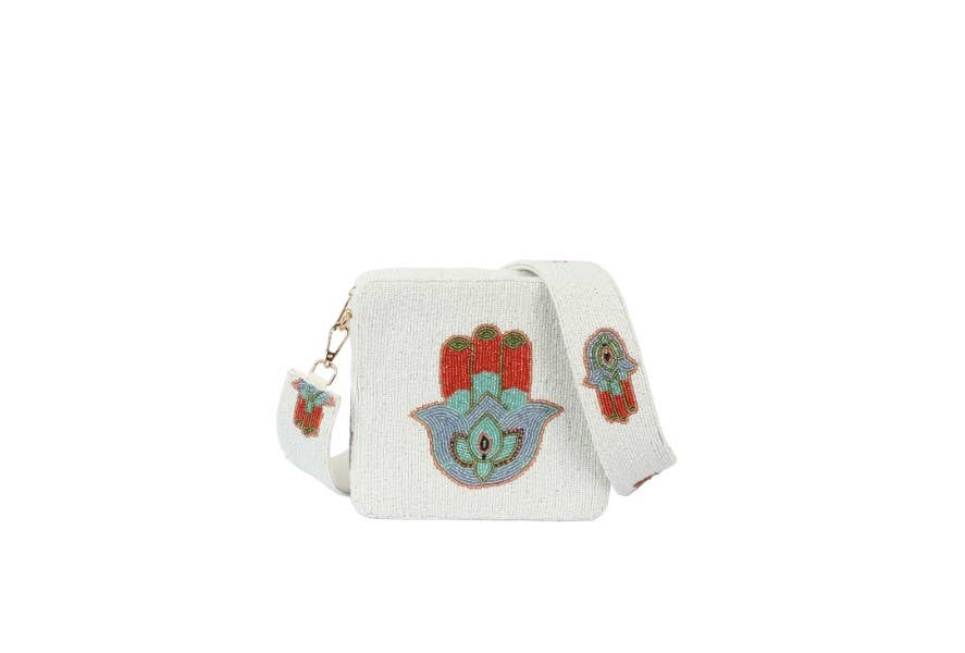 White Fully Beaded HAMSA Themed Cross body Handbag